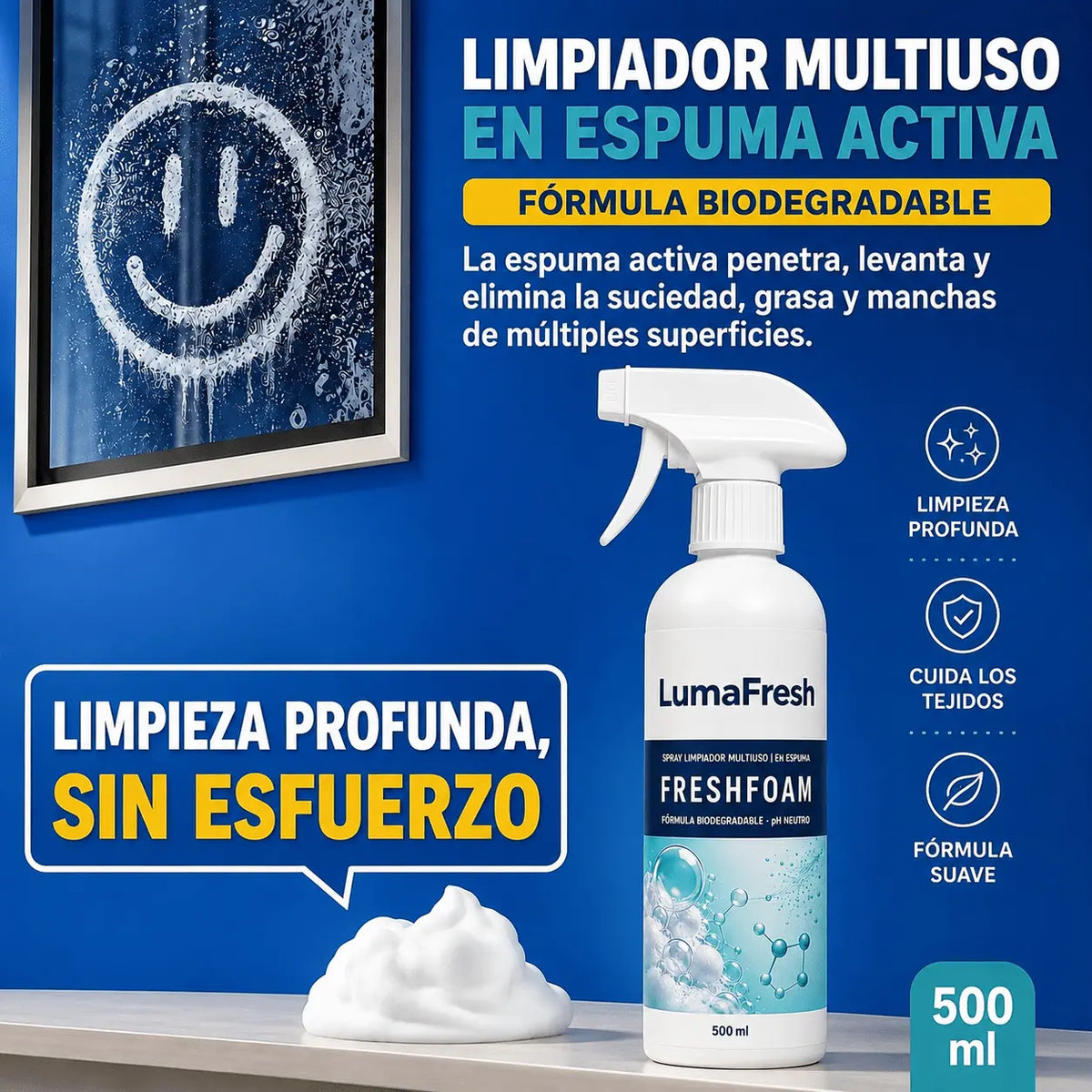 Spray Espuma LumaFresh  | Limpiador FreshFoam Profesional 3 en 1 - Elimina Manchas, Olores y Aromatiza al Instante.