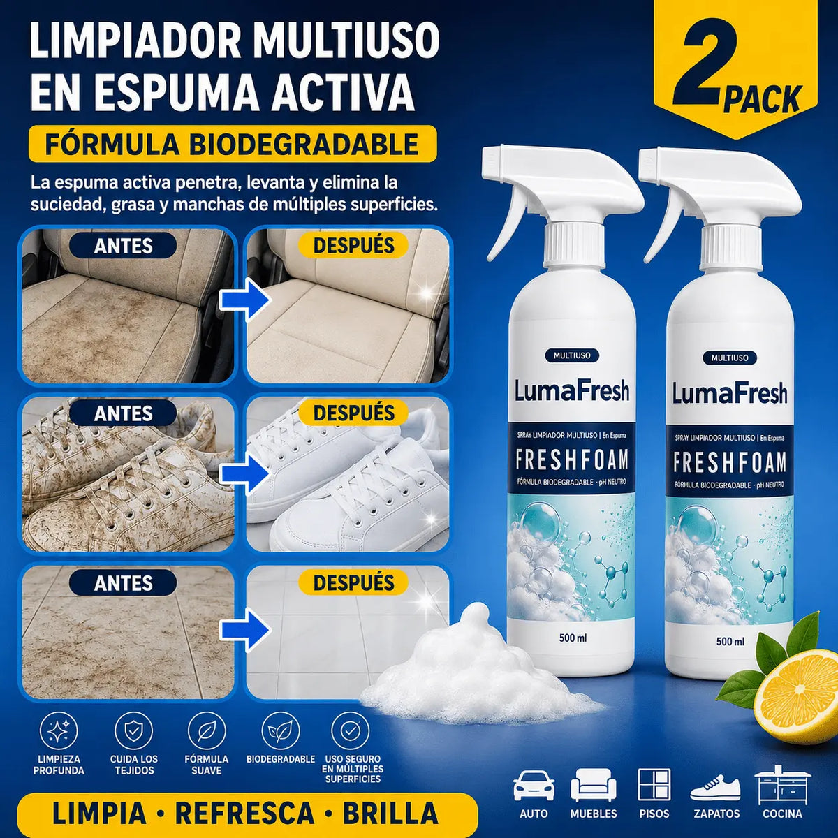 Spray Espuma LumaFresh  | Limpiador FreshFoam Profesional 3 en 1 - Elimina Manchas, Olores y Aromatiza al Instante.