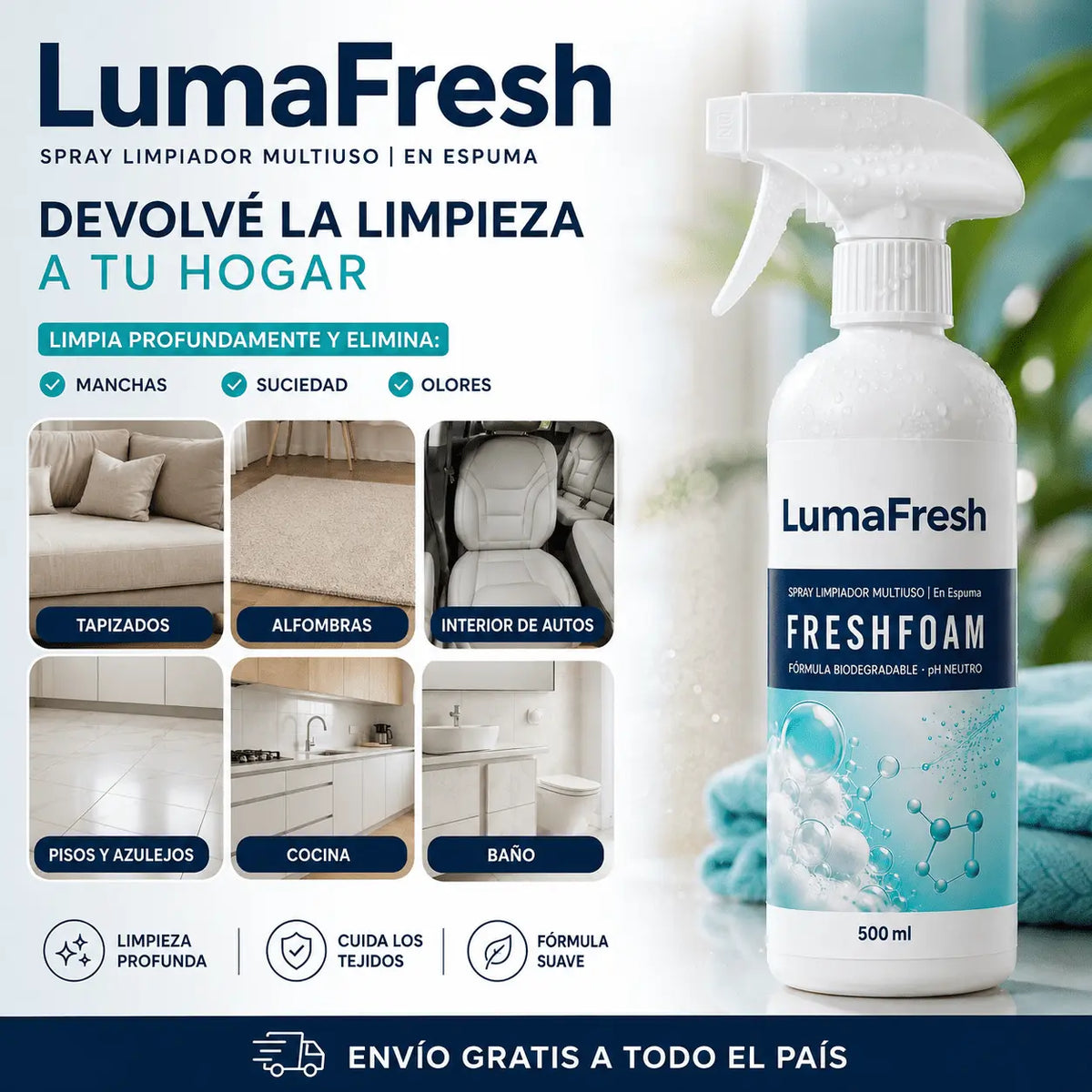 Spray Espuma LumaFresh  | Limpiador FreshFoam Profesional 3 en 1 - Elimina Manchas, Olores y Aromatiza al Instante.