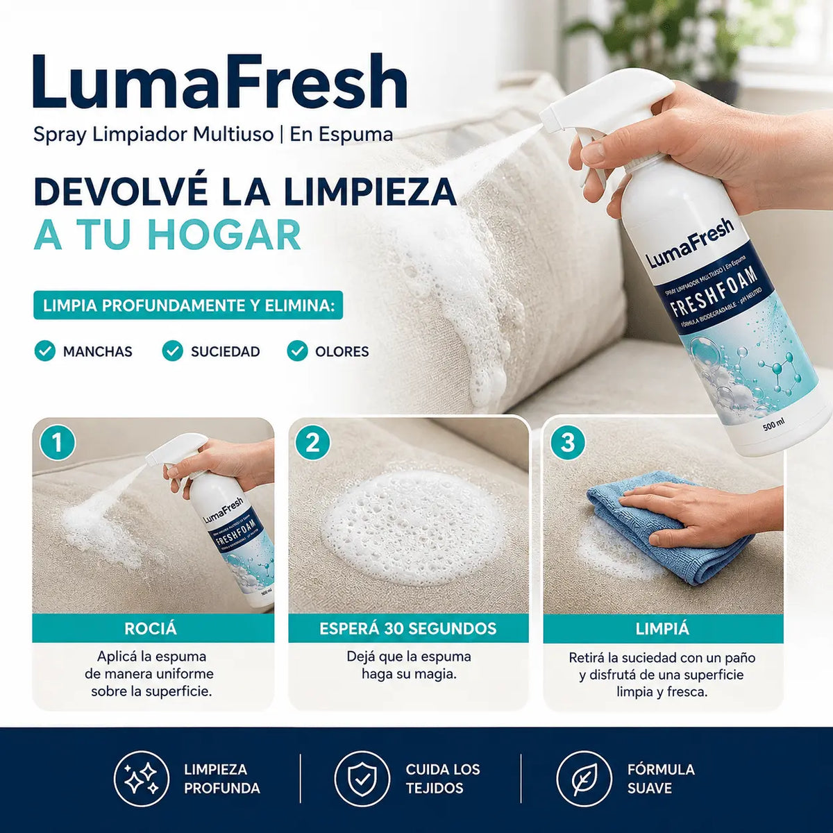 Spray Espuma LumaFresh  | Limpiador FreshFoam Profesional 3 en 1 - Elimina Manchas, Olores y Aromatiza al Instante.