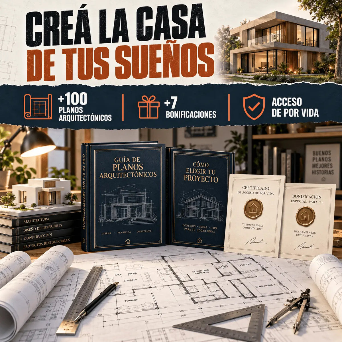 CREÁ LA CASA DE TUS SUEÑOS - COLECCIÓN ARQUITECTÓNICA +100 PLANOS COMPLETOS +7 BONUS GRATIS