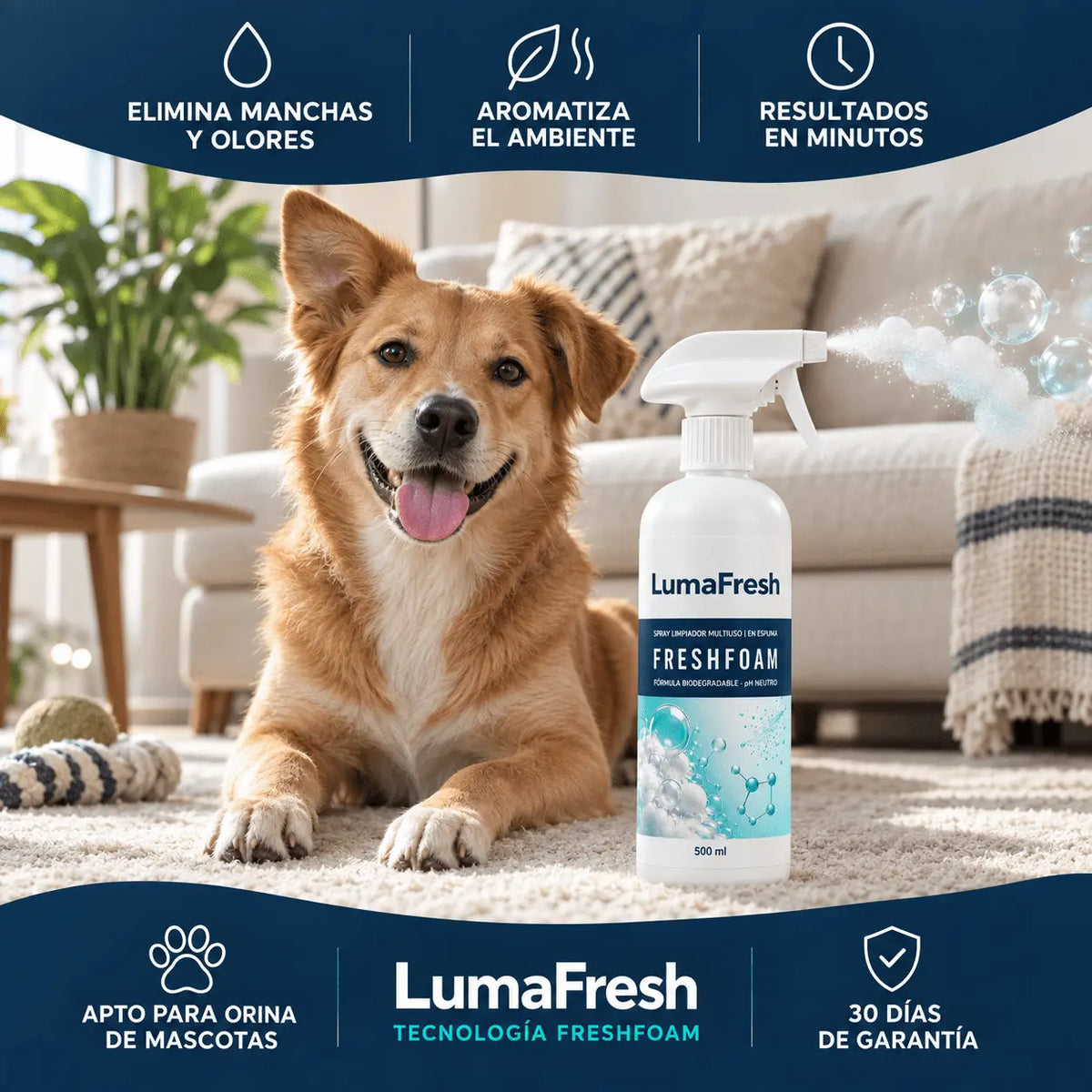 Spray Espuma LumaFresh  | Limpiador FreshFoam Profesional 3 en 1 - Elimina Manchas, Olores y Aromatiza al Instante.